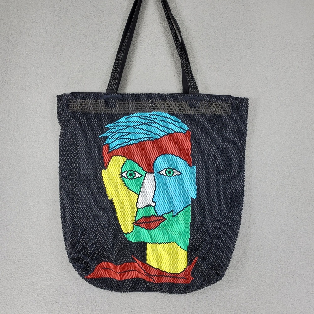 Vintage Beaded Tote Bag Black Abstract Face Pop Art Cubism Style Large Y2K 90s